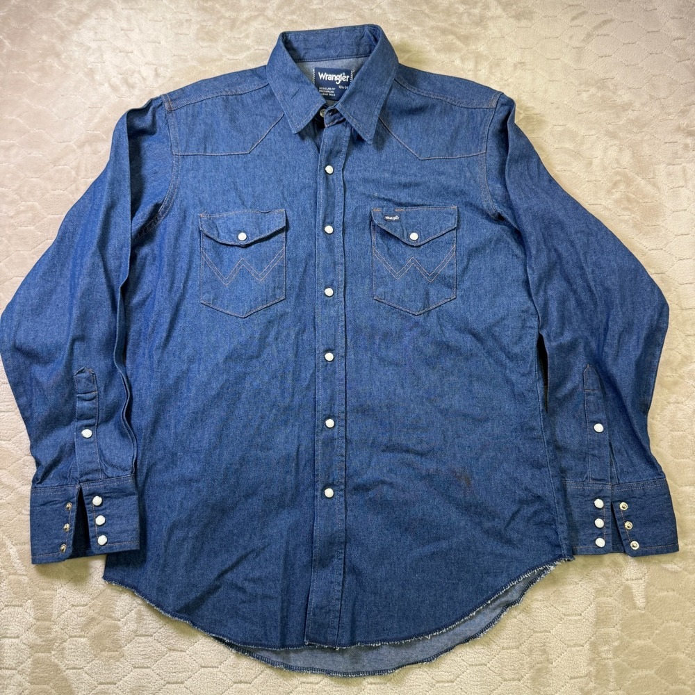 VTG 80s Wrangler Denim Western Pearl Snap X Long Tails Shirt Sz 16.5-34 Stain
